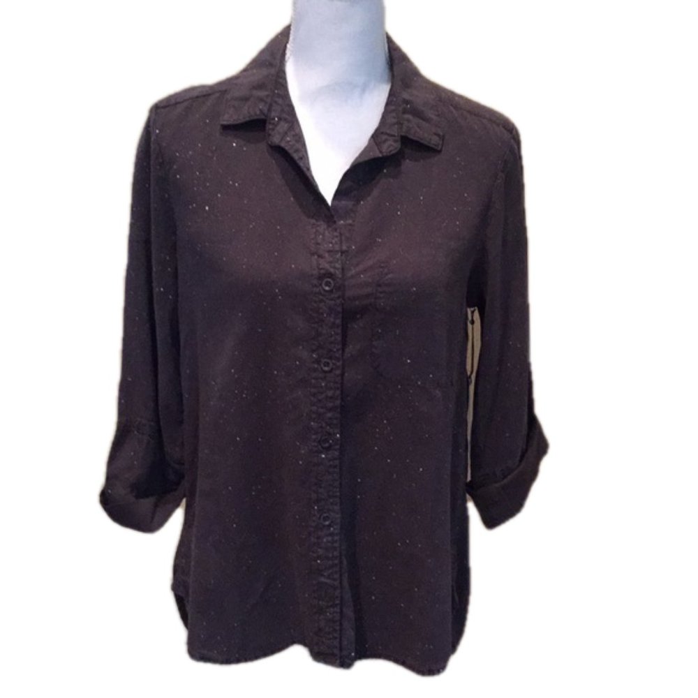 BELLA DAHL Milky Way Shirt 3/4 Sleeves Button Down Splatter Paint Top NWT